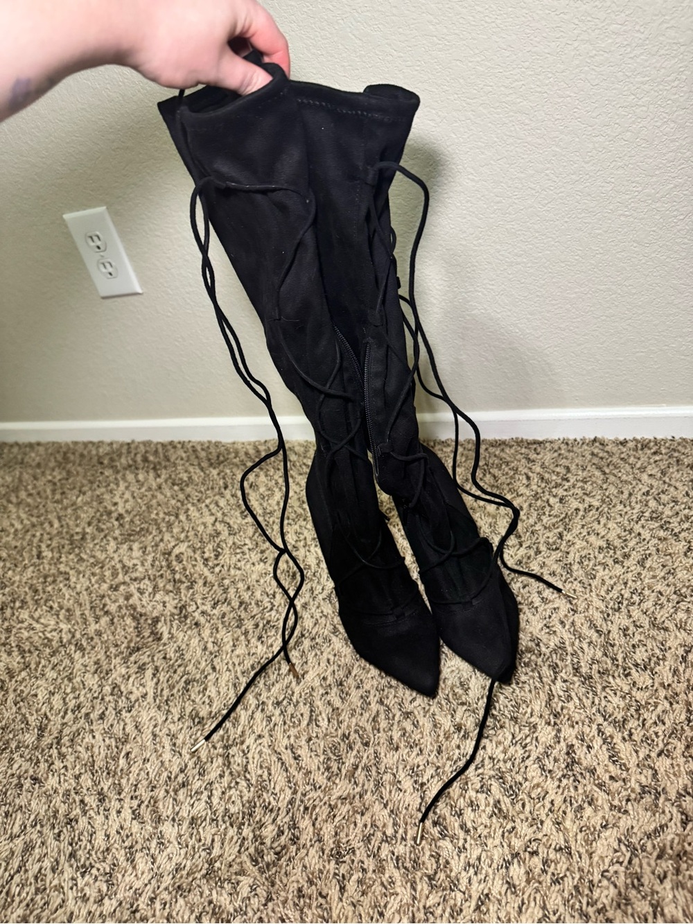 Anne Michelle Suede Black Right Below-the-Knee Lace-Up Pointed-Toe Heeled Boots